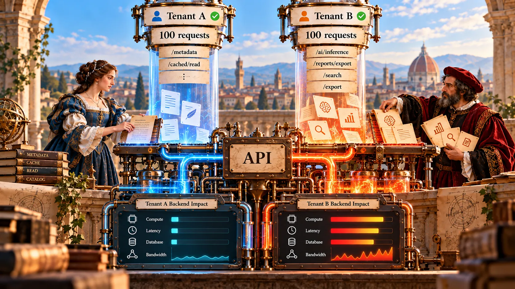 Two authenticated tenants sending equal numbers of requests to the same API. Tenant A uses inexpensive cached or read endpoints, while Tenant B invokes expensive operations that create greater backend resource pressure.