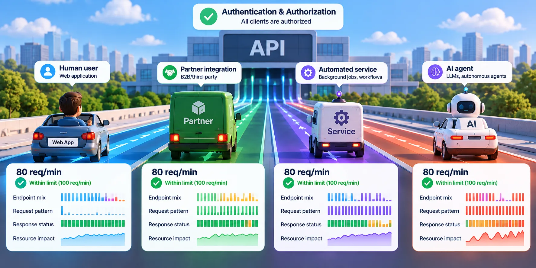 One API serving four authorized consumers: a human-driven application, partner integration, automated service, and AI agent. All pass authentication, while their request speed, endpoint sequence, persistence, retries, concurrency, and resource consumption diverge.