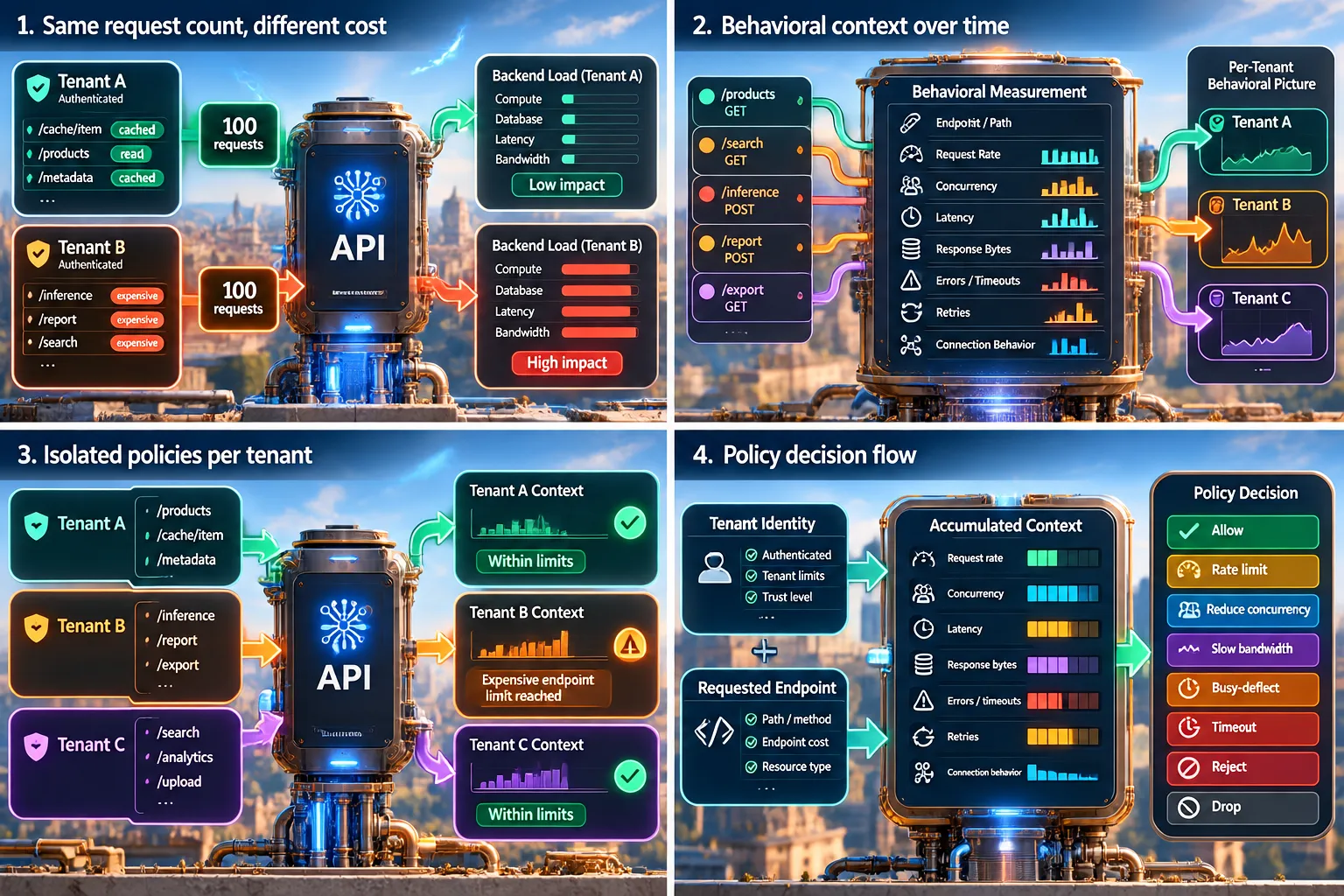 Policy decision flow from tenant identity and endpoint context through measured behavior and recent history to proportional actions such as allow, rate-limit, reduce concurrency, slow bandwidth, timeout, reject, or drop.